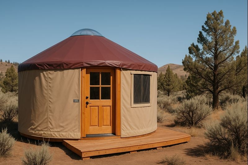 Yurt glamping accommodation example Yurt - A circular tent with a wooden lattice frame and fabric covering, traditionally used by nomadic peoples in Central Asia, glamping accommodation used in outdoor hospitality feasibility studies